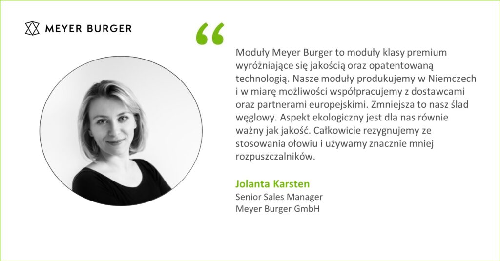 Zdjęcie Sales Managera firmy Meyer Burger, obok cytat z jej wypowiedzią na temat sprzedawanych produktów. 