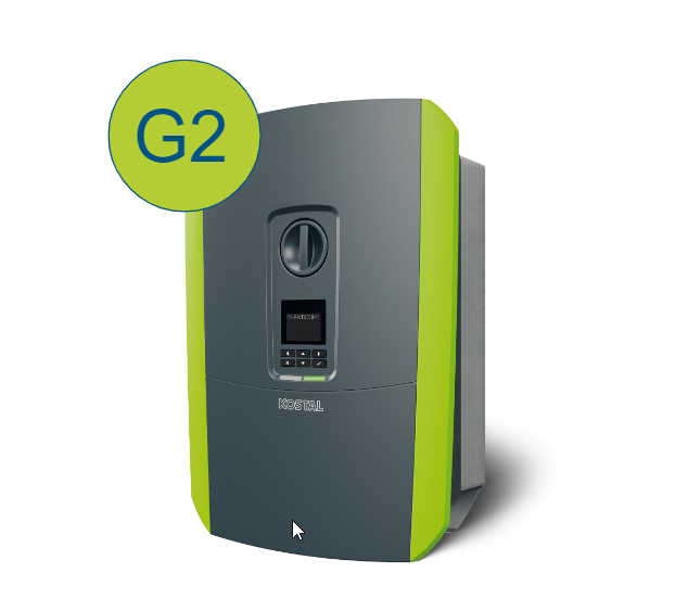 Szaro-zielony falownik z małym ekranem i logo Kostal, nad nim napis G2.