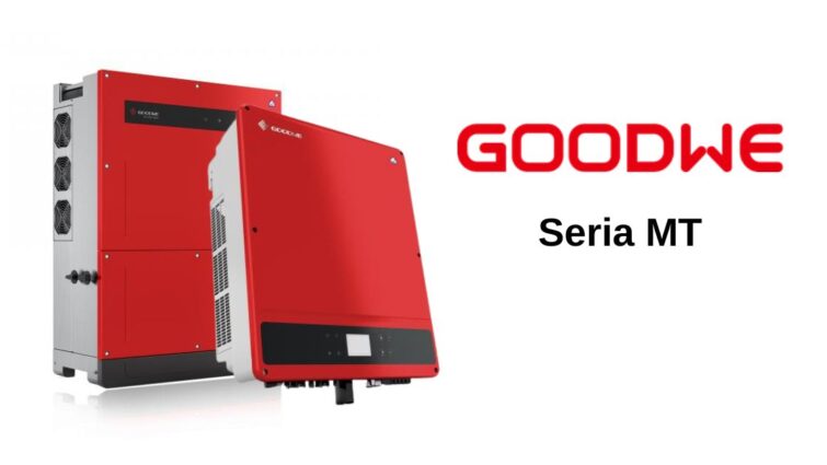 Dwa czerwone falowniki firmy GoodWe, po prawej stronie logo firmy GoodWe, pod nim napis "seria MT".