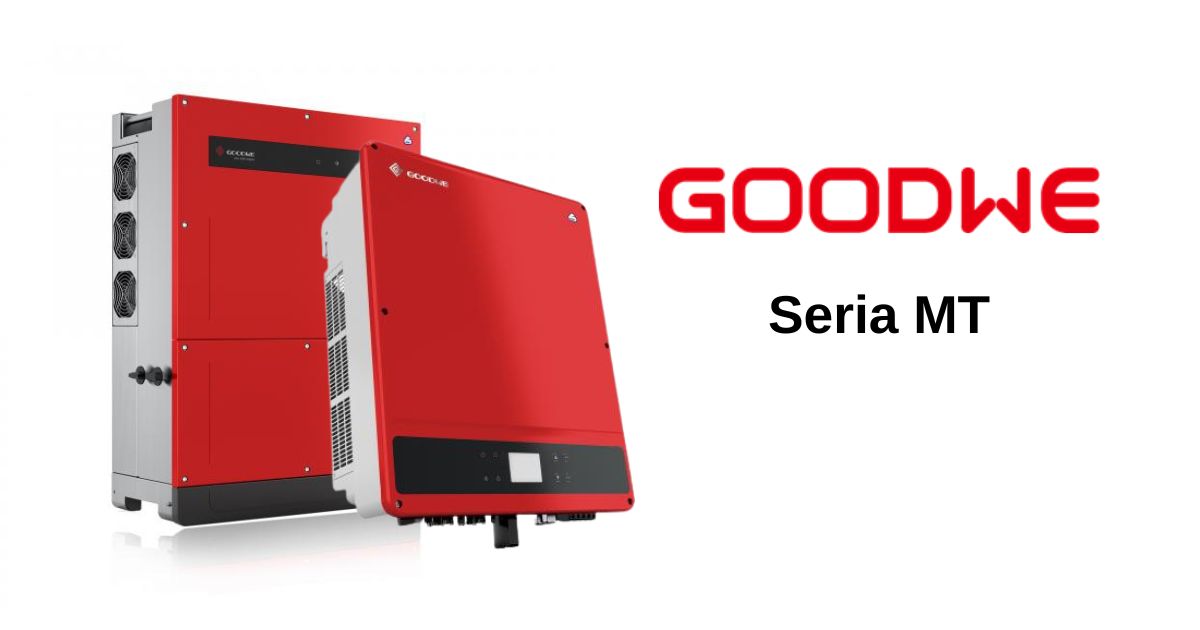 Dwa czerwone falowniki firmy GoodWe, po prawej stronie logo firmy GoodWe, pod nim napis "seria MT".
