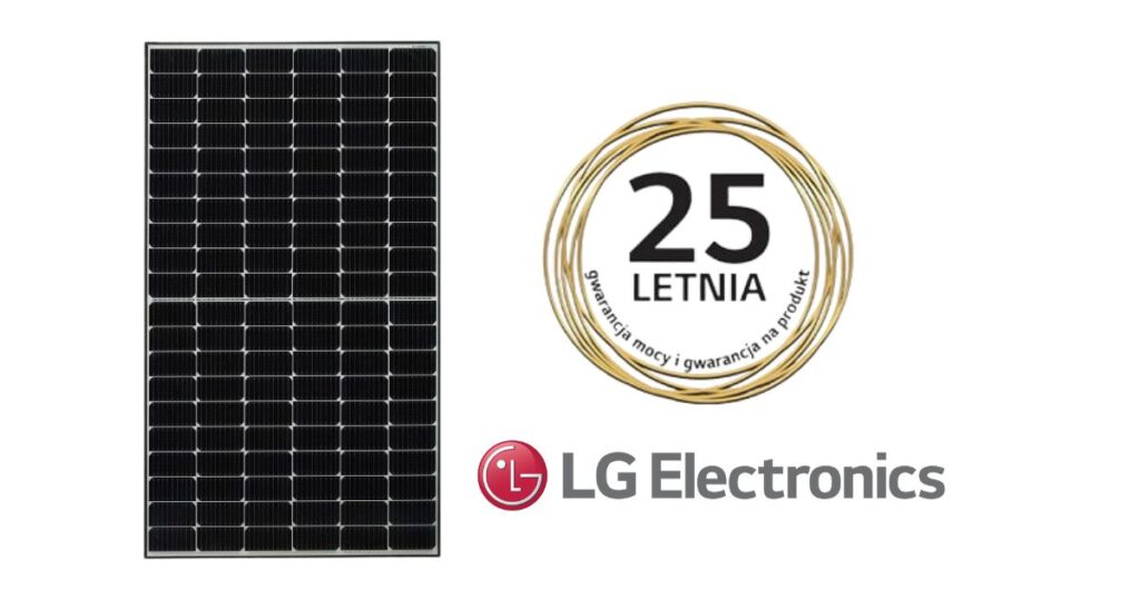 Moduł marki LG, logo LG Electronics i informacja o 25-letniej gwarancji. 