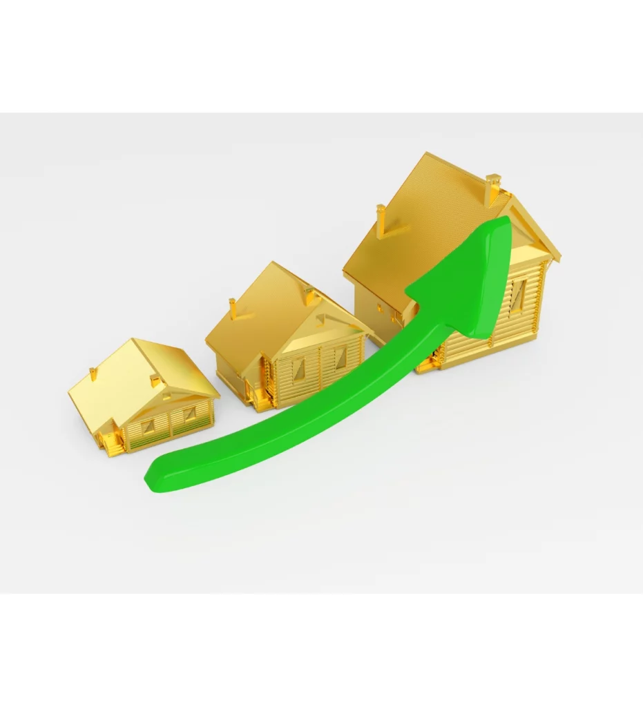 Trzy zrobione ze złota domki, różnej wielkości oraz zielona strzałka symbolizująca wzrost ceny 