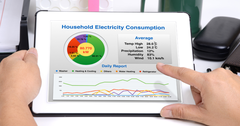 Mężczyzna sprawdza na tablecie wykresy i dane, które pokazują zużycie energii elektrycznej w gospodarstwie domowym.